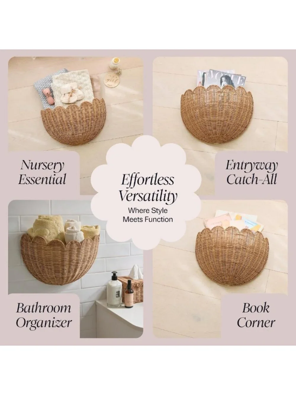 Scalloped Wicker Wall Basket - Decorative Storage Organizer - 16x10x7 Inches